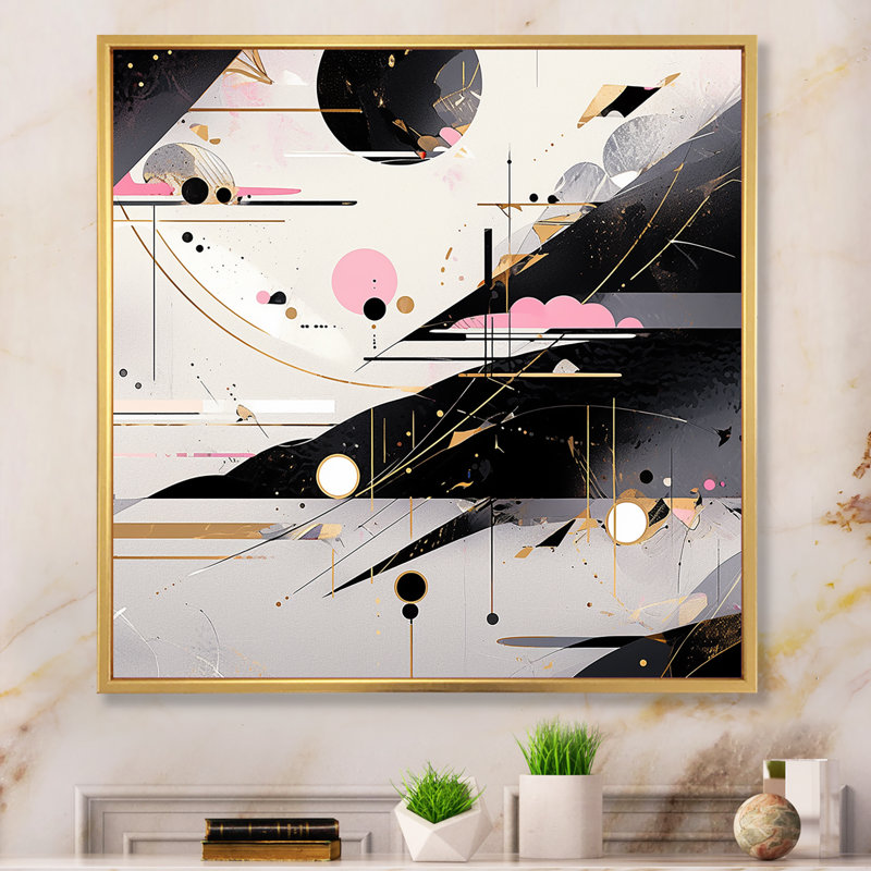 «Pink Black», rayures audacieuses sur toile, Cadre flottant doré, H 16 po x l 16 po x P 1 po