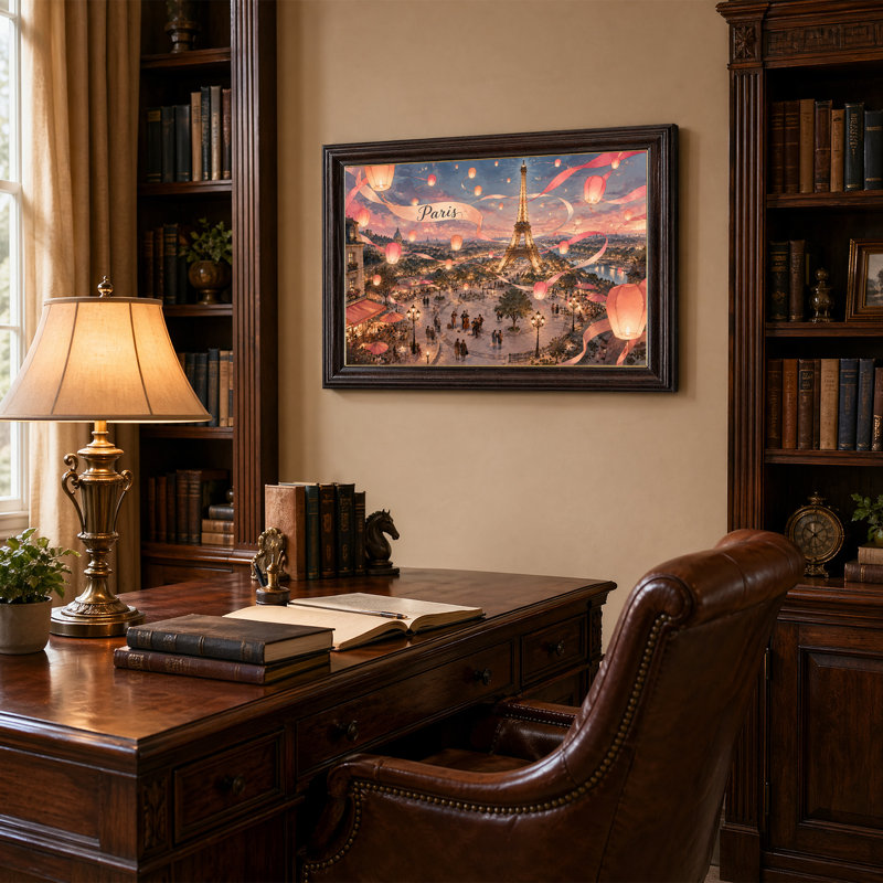 «Illuminated Eiffel Tower and Pink Lanterns Over Paris City», art mural sur toile, H 16 po x l 24 po