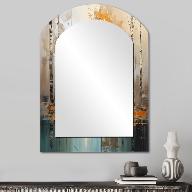 Birch Woods Golden Reflections I - Birch Arch Wall Mirror, Grey Asymmetrical Decorative Mirror, Printed Metal Art, 34" x 25"