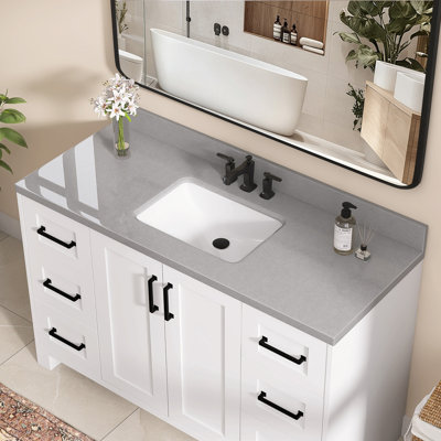 48 In. W X 22 In. D Cultured Marble Gray Rectangular Right Single Sink Bath Vanity Top With Backsplash Countertop With 3 Predrilled Faucet Holes