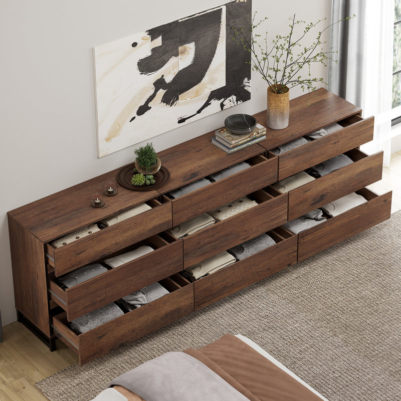 Modern TV Stand For Tvs Up To 100 Inch, Entertainment Center TV Console With 9 Drawers And Metal Base, Media Console For Living Room, Bedroom, Brown