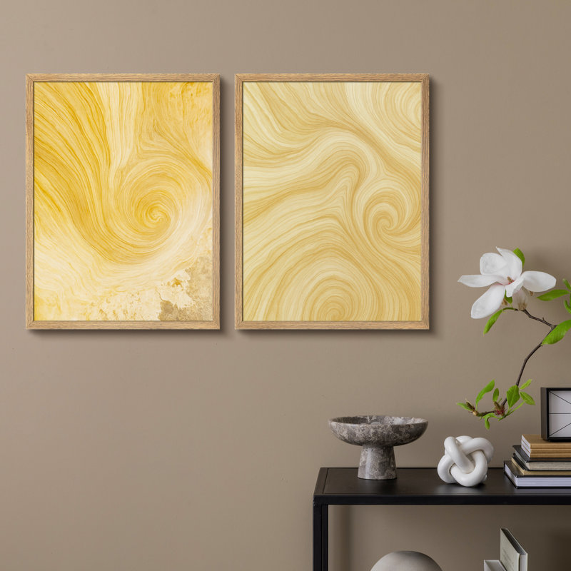 «Yellow Swirl», ensemble de 2 reproductions d'art murales abstraites encadrées pour le salon ou le bureau, H 14 po x l 22 po