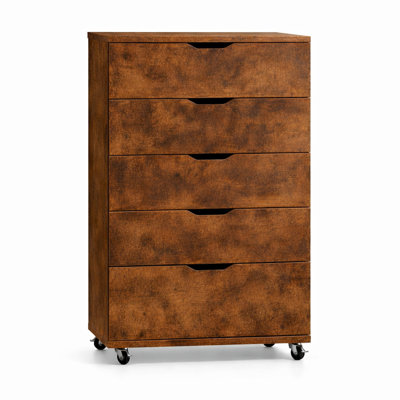 5 Drawer Dresser on Wheels Rustic Brown Rolling Chest of Drawers Mobile Storage Cabinet for Bedroom Closet, Wide Drawer Organizer, 30.71" W x 15.75" D