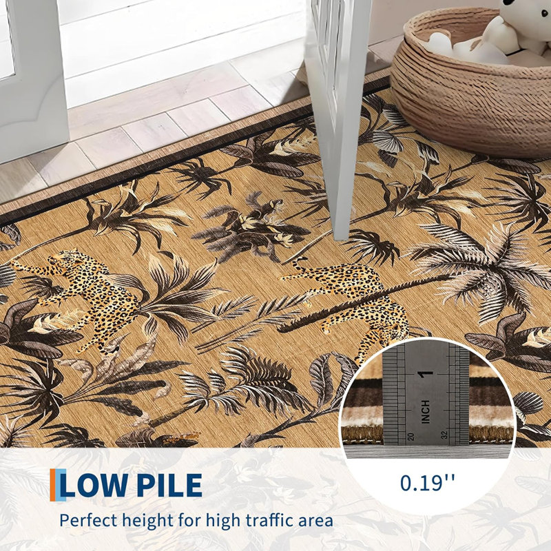 Washable Tiger Runner Rug for Kitchen 2x6 Non-Slip Non-Shedding Animal Floral Long Carpet, Low Pile Botanical Floor Covering, Foldable Black