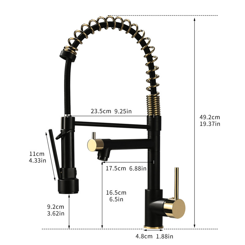 Contemporary Kitchen Sink Faucet With Pull-Down , Matte Black & Gold, 360 Degree Rotation, Single Lever Handle