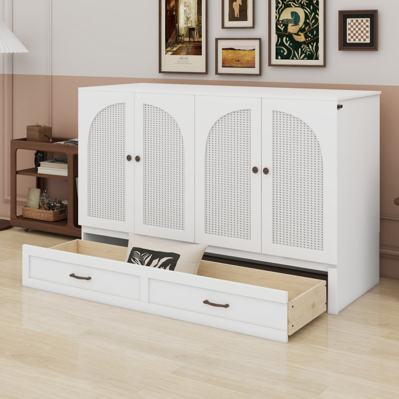 Lit escamotable avec grands tiroirs Murphy, Lit double, blanc