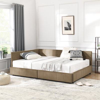 Lit de jour double de style Mid-Century - Velours rembourré avec accoudoirs, brun pour la chambre à coucher et le salon