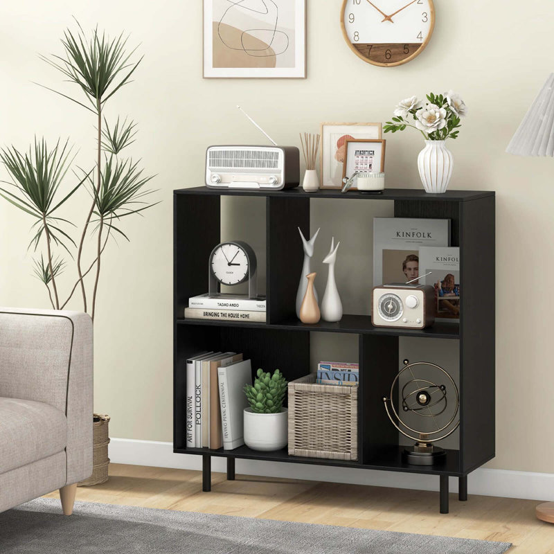 Open Shelf Bookcase Mid Century Modern Cube Bookshelf With 4 Compartments, Black