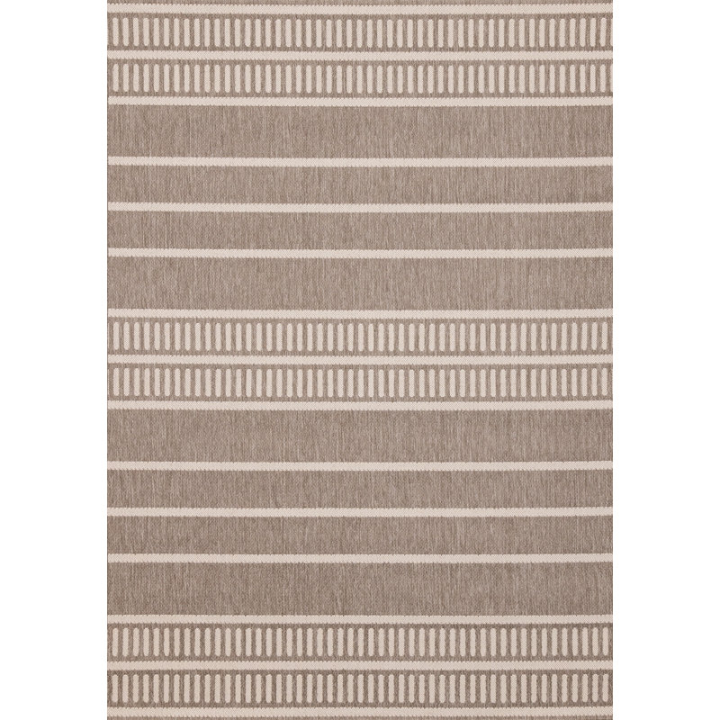 Ody Cream Greige Striped Indoor Outdoor Rug, Rectangle 6'7" x 9'6"