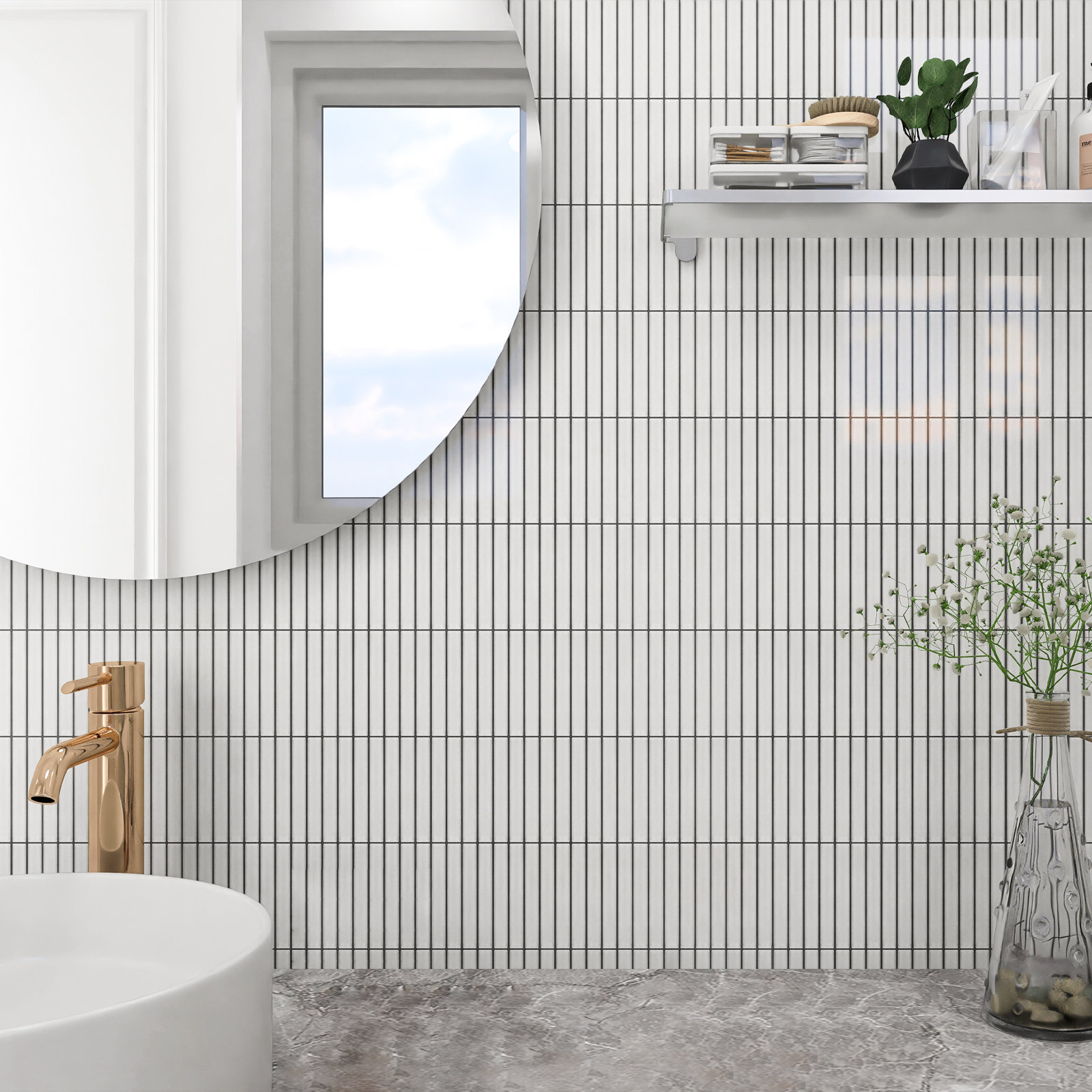 Porcetile 0.48" x 3.63" Stacked Glossy Porcelain Mosaic Wall and Floor Tile, Glossy White