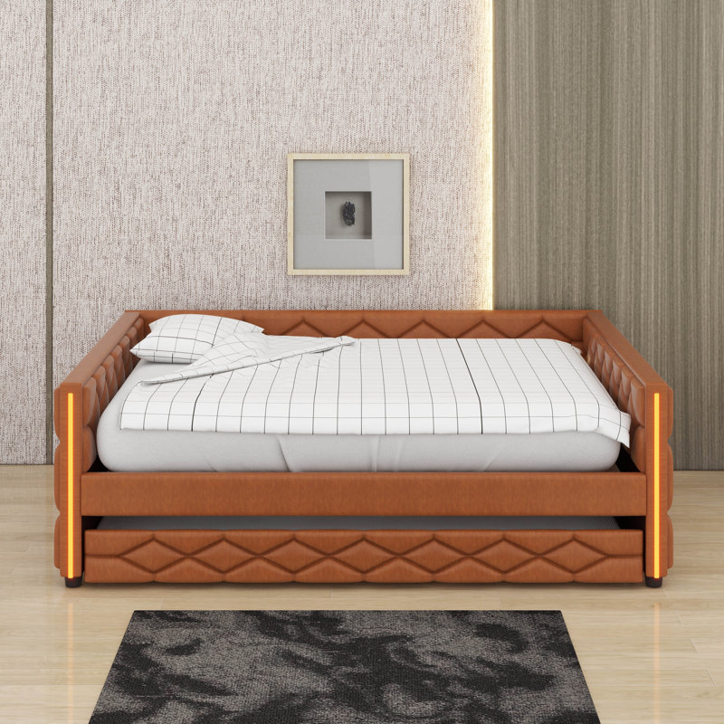 Full XL Size Upholstered Daybed With Trundle And LED, Brown