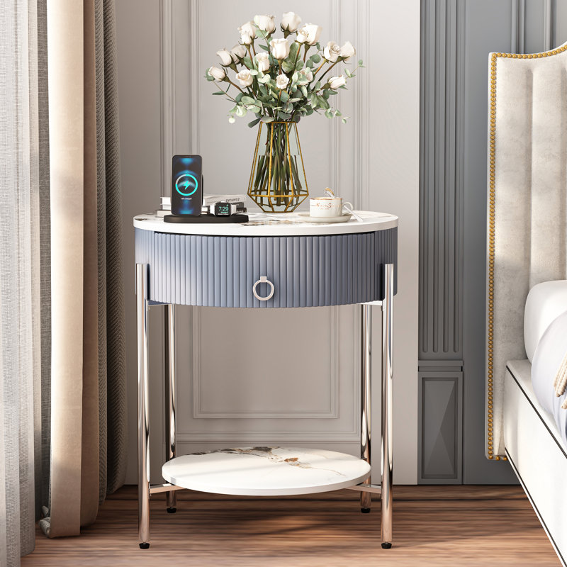 Table de bout avec rangement Woodville, Chrome chrome, Blanc / Gris