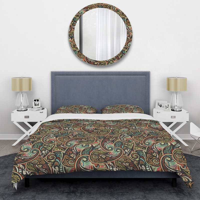 Ensemble de housse de couette à motif floral cachemire brun - Polyester microfibre