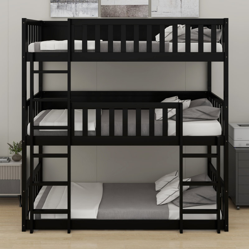 Triple Wood Bunk Bed, With Ladders, Guardrails, Black
