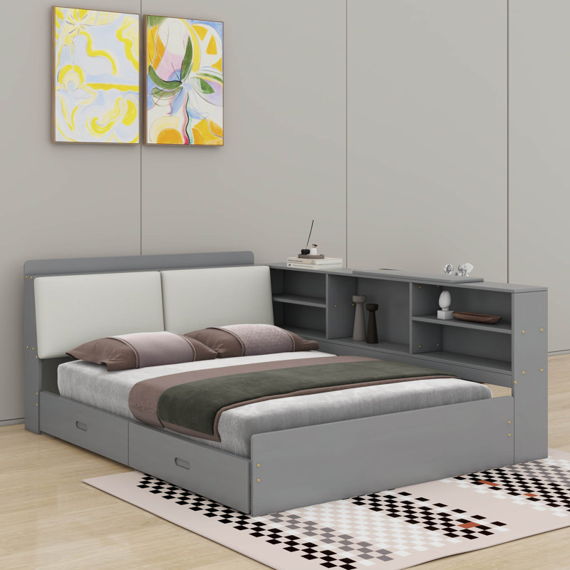 Lit plateforme double avec tête de lit, tiroirs et tablettes, gris
