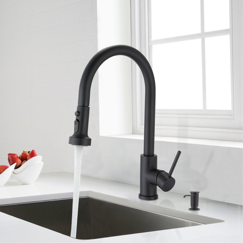Robinet de cuisine en acier inoxydable noir mat avec distributeur rétractable et de savon, résistant aux égratignures, antirouille, bec rotatif à 360 °, débit élevé de 1,8 gallon par minute en égratignure, rouille et pivotant
