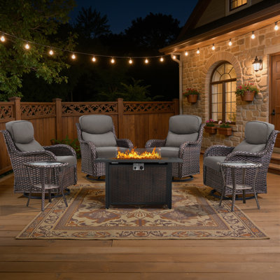 4 - Person  Outdoor Wicker Fire Pit Seating Set With Swivel Glider Chairs & Side Table