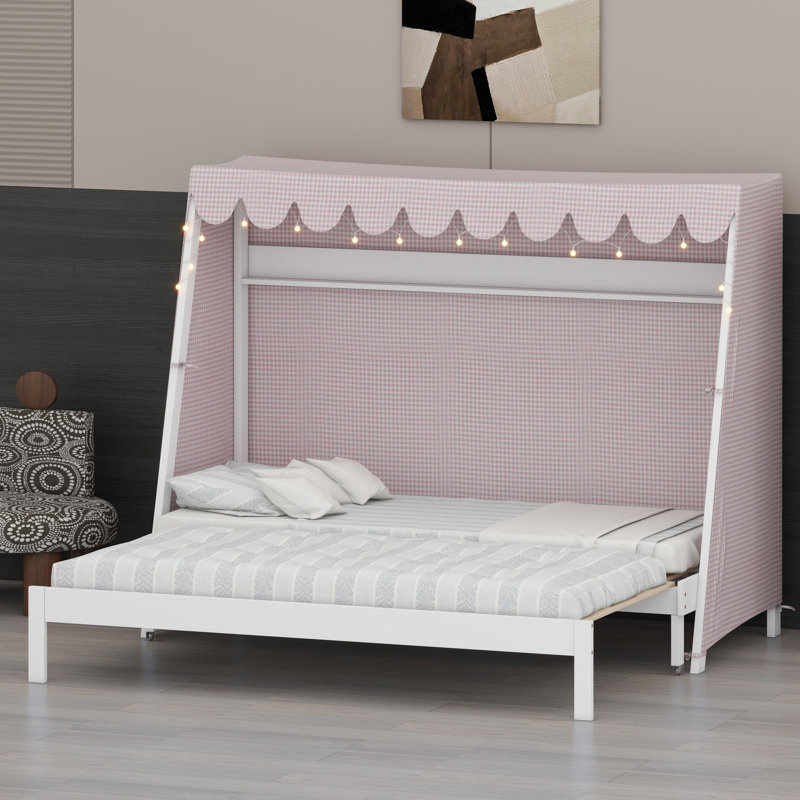 Lit en forme de maison avec lit gigogne escamotable, tente, tablette et lumière, White