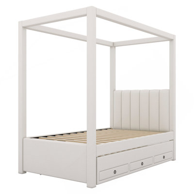 Full Size Upholstery Canopy Platform Bed With Trundle And Three Storage Drawers, Beige