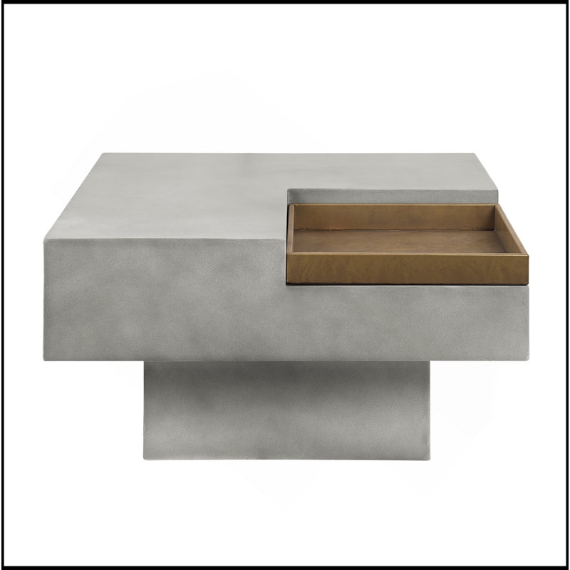 Table basse grise patinée avec plateau carré et base piédestal, une pièce élégante et fonctionnelle pour votre espace de vie