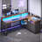 Deskfarmhouse L Shaped Desk, 55" Home Office Desk With Drawers And Storage Shelves, L Shaped Gaming Desk With Led Lights, Power Outlet And Monitor Shelf-2115157705