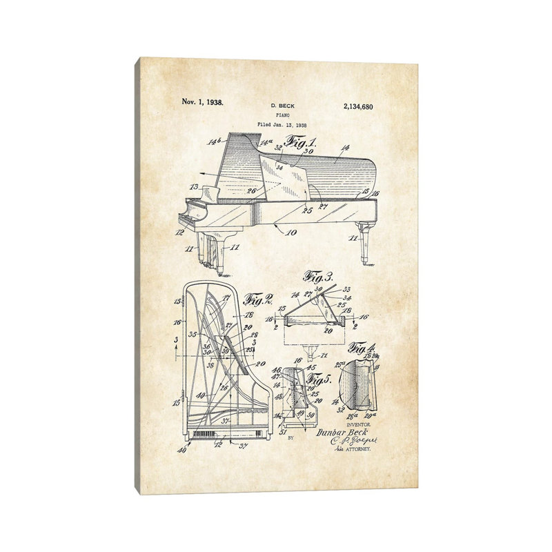 «Steinway Piano» par brevet77 - reproduction de dessin sur toile tendue, H 18 po x l 12 po x 1,5 po