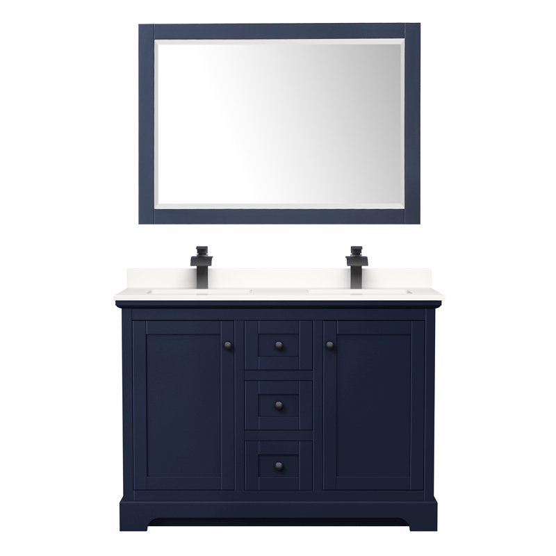 Meuble-lavabo double autoportant 48 po avec plateau Avery, White Cultured Marble, Bleu foncé, Noir mat