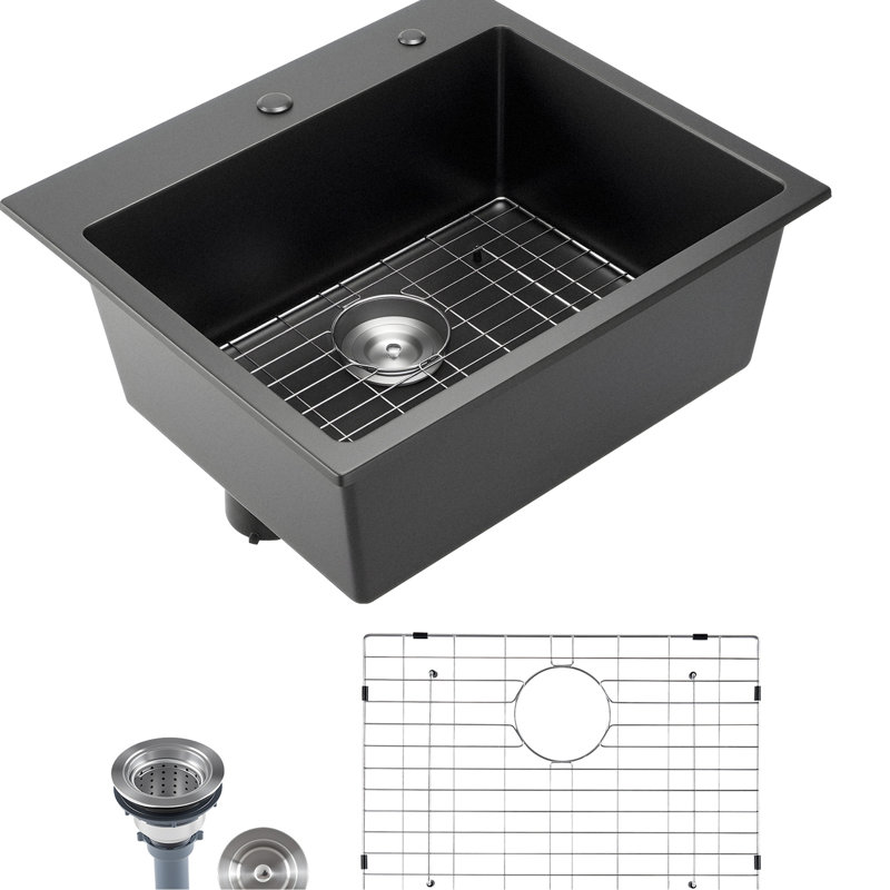 Évier de cuisine en granite à simple cuve 25 x 22 x 10 po pour véhicule récréatif et bar, composite de quartz noir avec texture de pierre naturelle, construction, ensemble de grilles en plusieurs parties, bouchon de drain, conception peu encombrante, précision