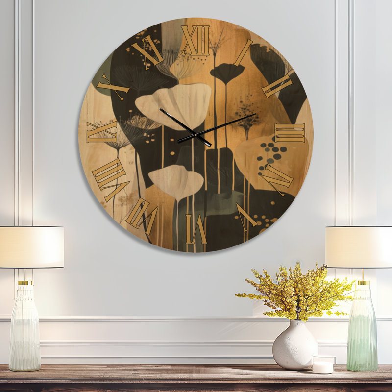 Horloge murale ronde glamour Golden Meadow Blooms, imprimée sur bois, Très grand
