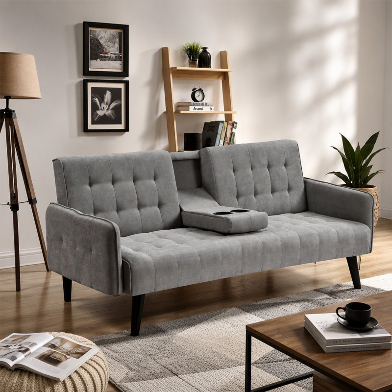 Canapé-lit de 72 po - Dossier pliant convertible en lit double avec porte-gobelet et table rabattable - Canapé en lin compact pour petits espaces - Assemblage facile, gris