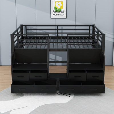 Full Metal Loft Bed with Multi-Storage Drawers and Built-in Lights