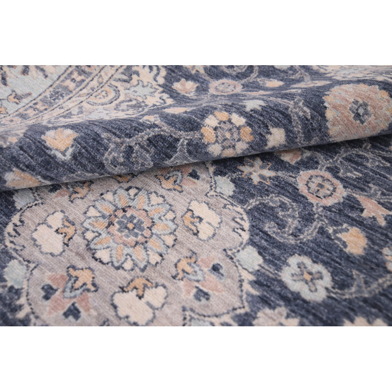 Tapis gris foncé et bleu clair noué à la main de haute qualité