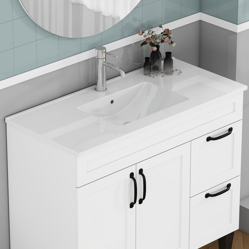 Lavabo de salle de bain en céramique blanche de 36 pouces avec trou de robinet pré-percé, idéal pour meuble-lavabo, conception moderne, salle de bain facile à entretenir, robinet, propre