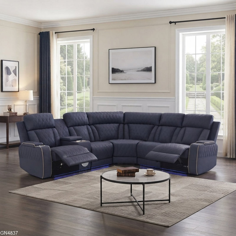Canapé d'angle 3 pièces en cuir gris sable bleuté, inclinable électriquement, avec haut-parleur Bluetooth, accoudoirs de rangement et console centrale (ensemble de 3)