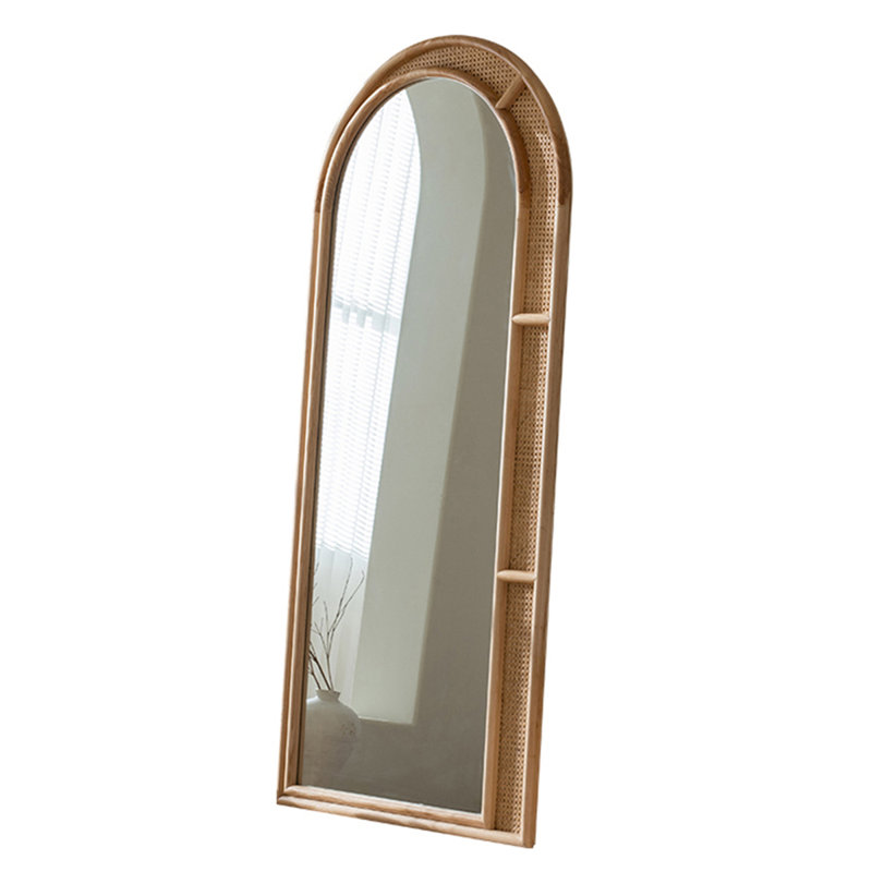 Medieval-Style Solid Wood Arched Rattan Full-Length Mirror, 78.74" x 39.37"
