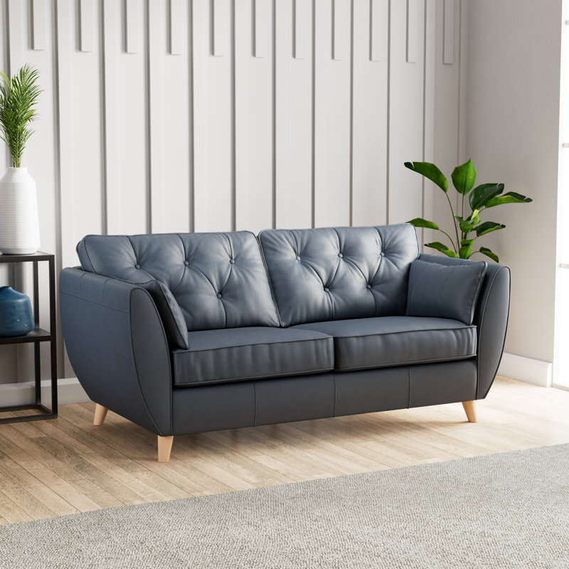 Marylin 3 Seater Leather Sofa, Navy, Light Wood