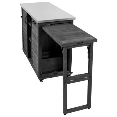 Îlot de cuisine 78,3 po avec table de barbecue pliable, chariot de barbecue en bois avec rangement pour poubelle et plateau en acier inoxydable, chariot de bar extérieur, table de four à pizza pour la pelouse et le jardin, noir
