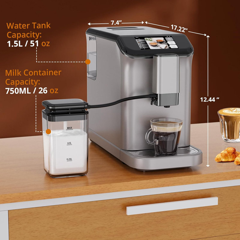 Machine à espresso entièrement automatique avec moulin, mousseur à lait, écran tactile TFT, pression de 20 bars et 15 réglages de mouture, nettoyage automatique pour café au lait