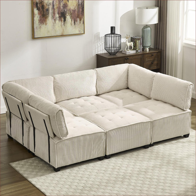 Sectional Sofas | 6-Seat U Shaped Modular Couch, Reversible Chaise for Living Room | Beige | Corduroy, Beige Corduroy