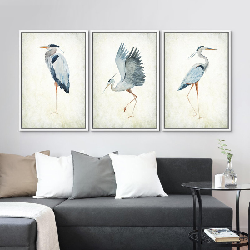 Heron, grue, oiseaux, décor nautique - ensemble de 3 reproductions d'art sur toile encadrées, Blanc, H 24 po x l 16 po
