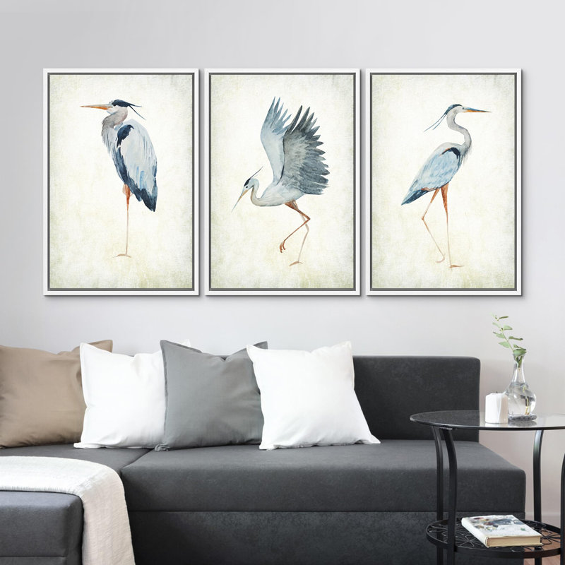 Heron Crane Bird Animals Nautical Decor - Large Framed Canvas Living Room Wall Art Work Set 3 Print, 36" H x 24" W, White