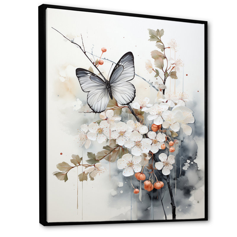 Keishasha, art asiatique, papillon blanc et gris sur toile, Cadre flottant noir, H 20 po x l 12 po x P 1 po