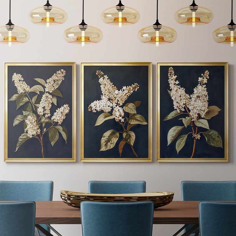 FLORAL Series CLVI - 3 pièces sur toile tendue avec châssis encadré, H 19 po x l 45 po, Doré