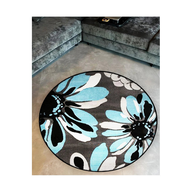 Blue Gray Themed Floral Patterned Round Woven Base Modern Decorative Carpet, Round 3'4"