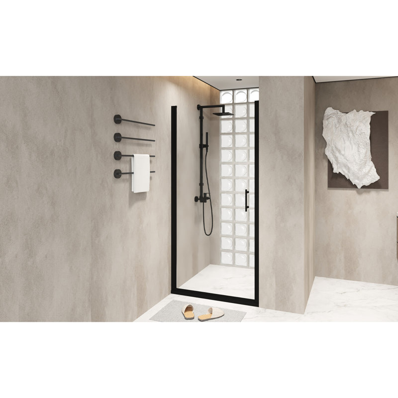 28"x72" Tempered Glass Pivot Shower Door In Matte Black Aluminum Frame, Stainless Steel Handle, Smooth - Operating Swing Design, Water Separation For Bathroom Maintenance 28x72 Inch With Function,