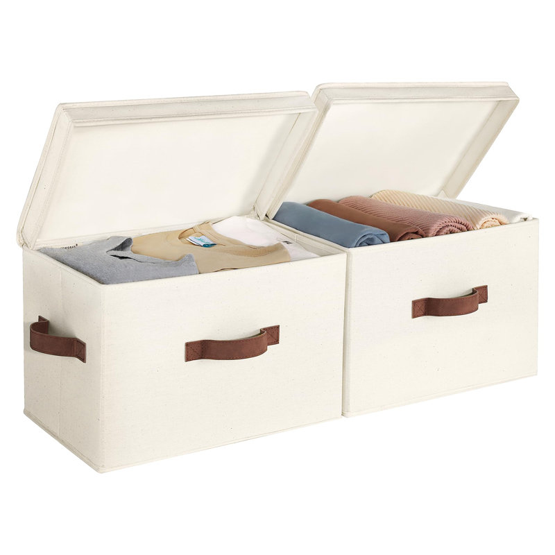 Fabric Storage Bins With Lid, Decorative Storage Boxes For Shelves, Stackable Closet Organizer Basket With Handles, Large, Ivory White, 2-Pack