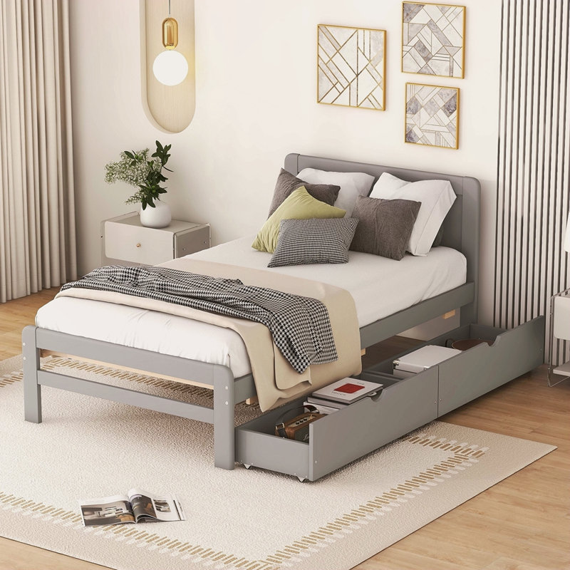 Base de lit plateforme avec 2 tiroirs de conception moderne, Gris
