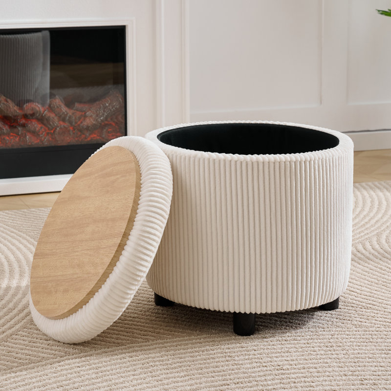 Round Corduroy Storage Ottoman with Reversible Tray Lid, White