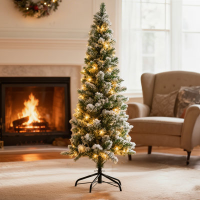 Arbre de Noël floqué au crayon, arbre artificiel pré-éclairé avec 8 modes de lumière chaude, mince décoration de Noël artificielle