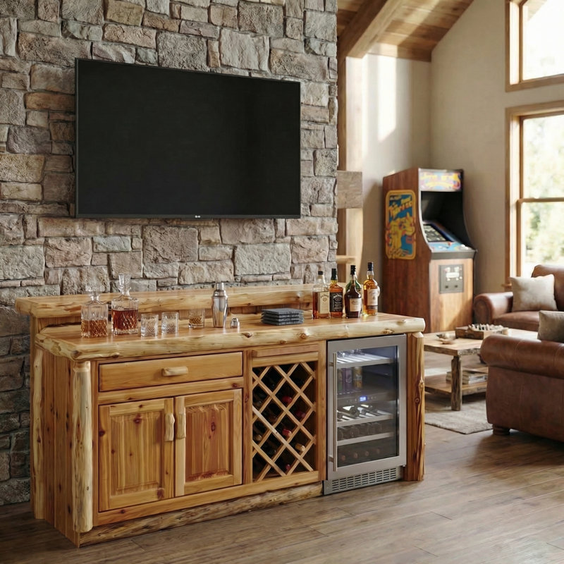 Bar en bois de cèdre Fireside Lodge 7 pieds avec armoire standard - naturel - réfrigérateur à gauche - verre liquide